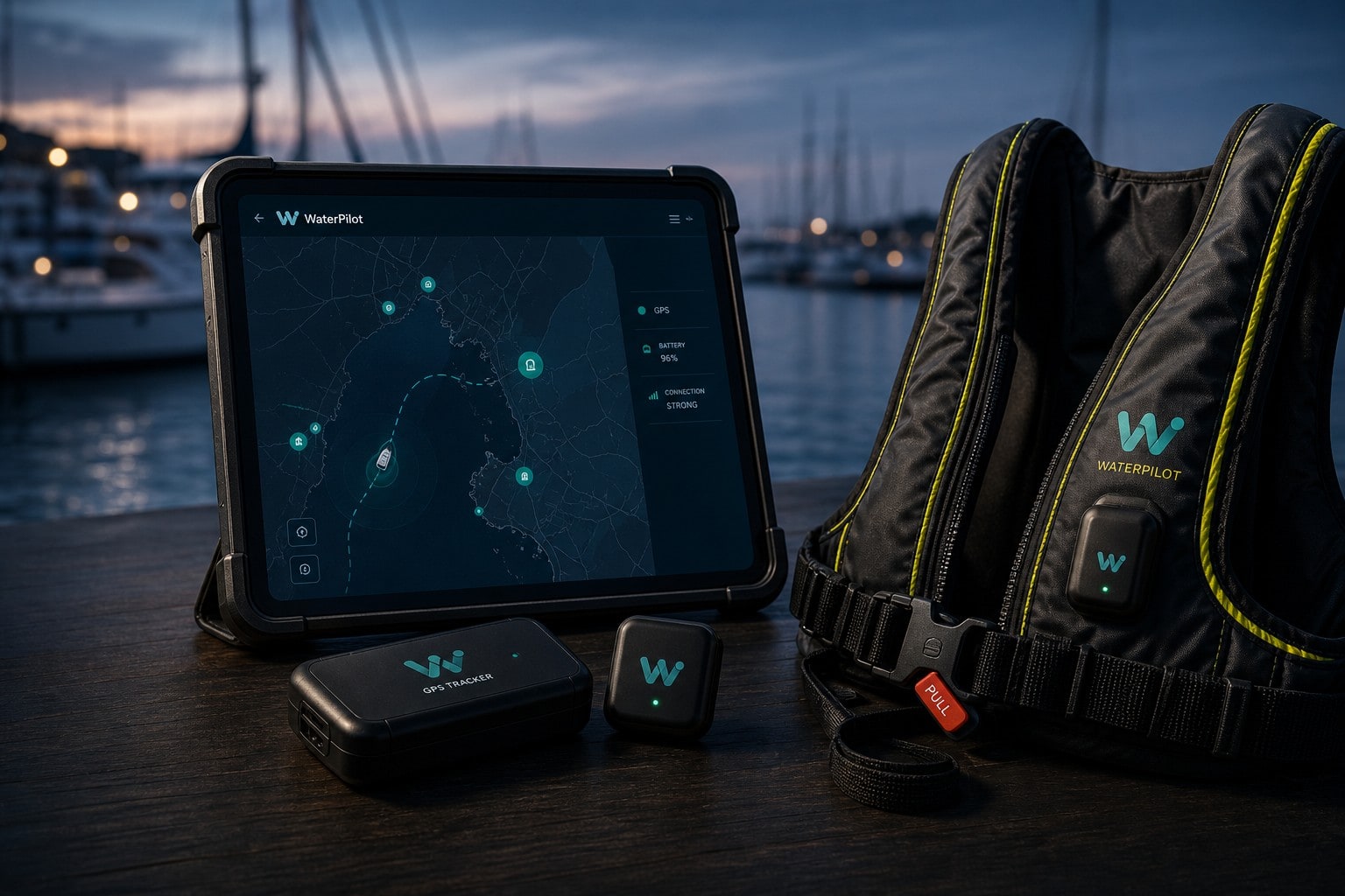 WaterPilot hardware: tablet, GPS tracker, asset tracker en slim reddingsvest